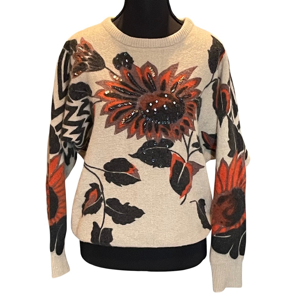 Vintage Right Fashion Lambswool Angora Floral Sequin Dolman Sweater Small Rust